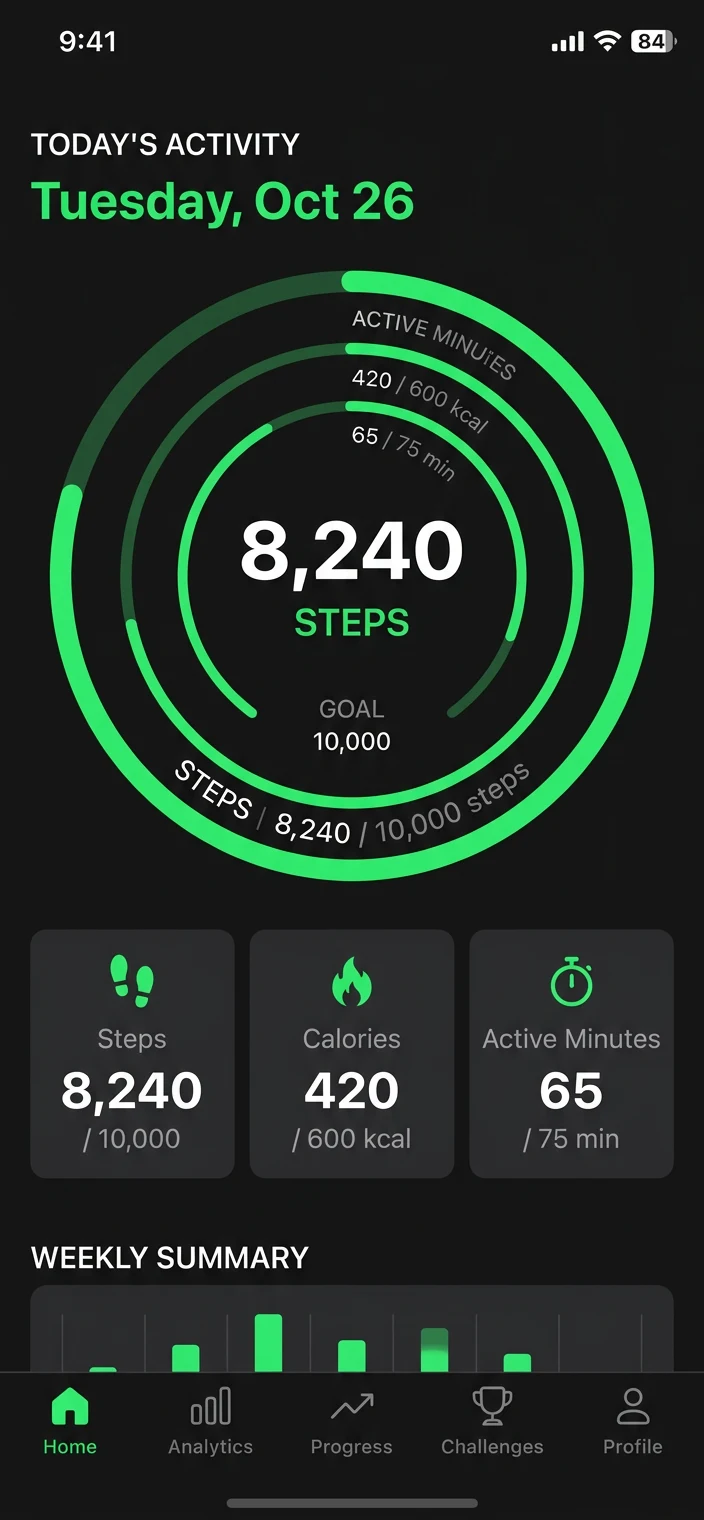 Mobile fitness app sample screenshot