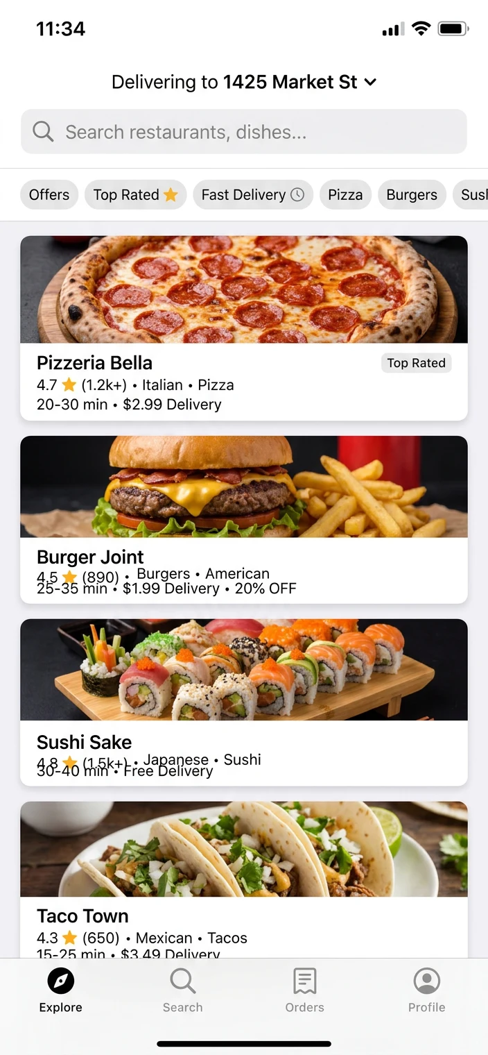 Mobile food delivery app sample screenshot