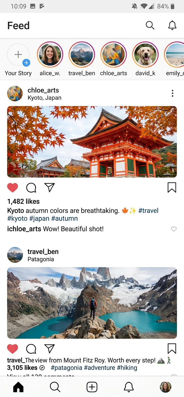 Mobile social feed sample screenshot
